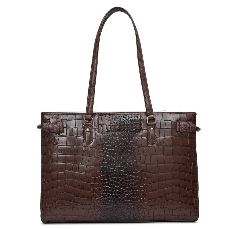 Da Milano Walnut Medium Croco Leather Tote - Walnut for Women | Best Price UAE